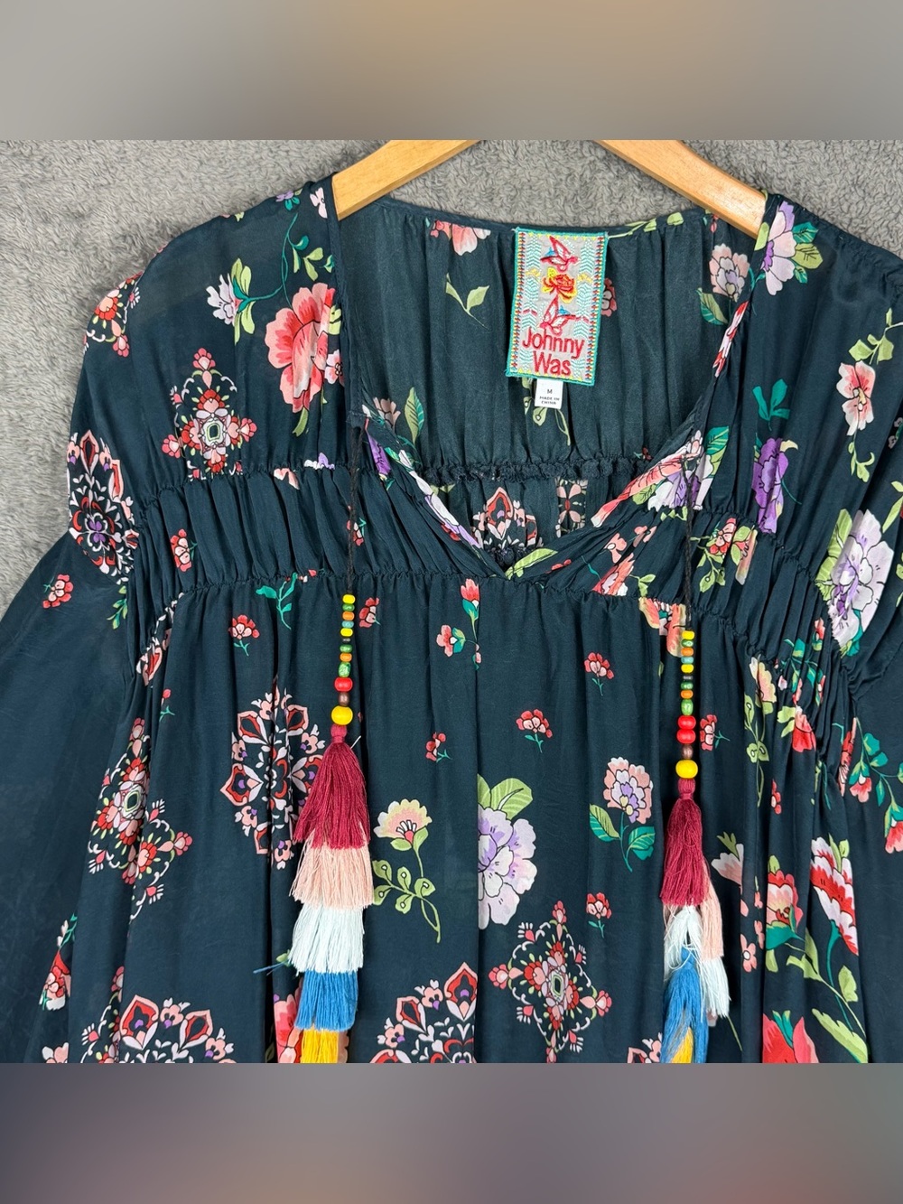 Johnny Was • Navy Blouse w/ Beaded & Tassel Ties • Medium Long Sleeve Colorful - Picture 4 of 11